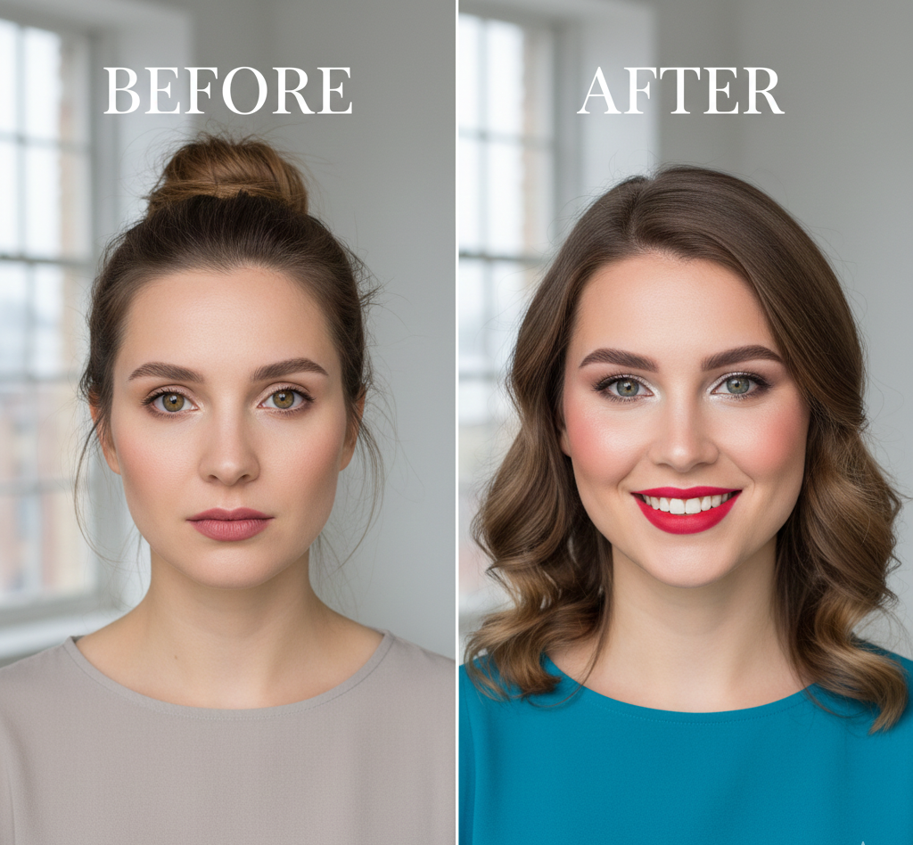 Before and after makeup adjustment showing subtle shifts in appearance